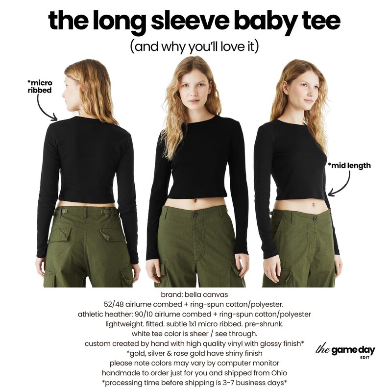 The image is a collage of three photos featuring a woman wearing a long sleeve baby tee. The woman is wearing a black top and green cargo pants. The collage includes three different views of the woman, with the first photo showing her from the back, the second photo showing her from the side, and the third photo showing her from the front.