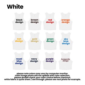 a collection of white shirts with different color designs, including black, brown, red, orange, and green. The shirts are arranged in a grid format, with each row containing three shirts. The text in the image provides information about the color options and advises to double-check the color choice before checkout.