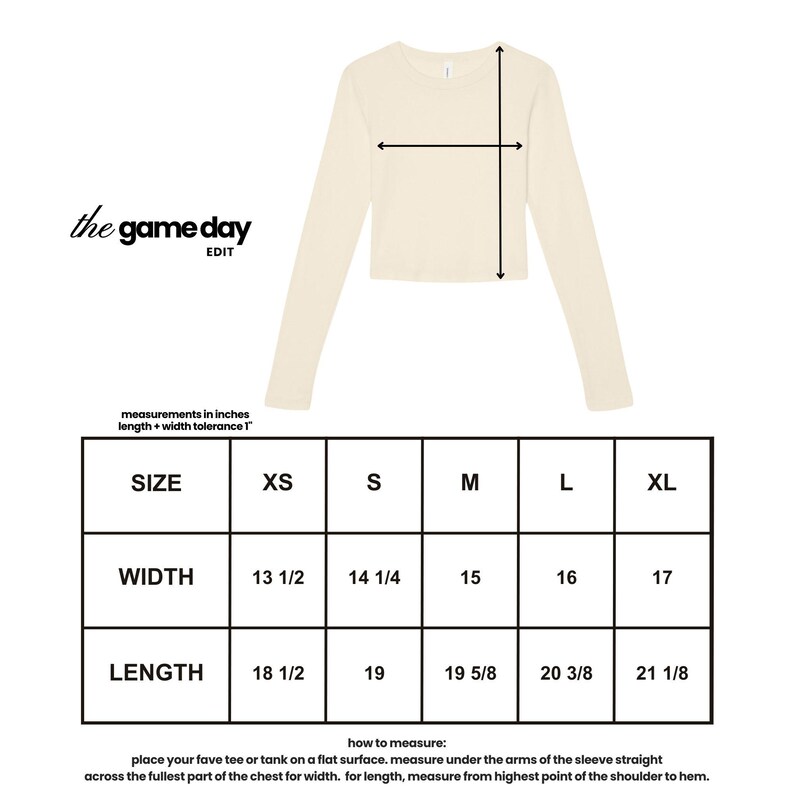 The image is a size chart for a long-sleeved shirt, providing measurements for different sizes (XS, S, M, L, XL) and corresponding widths (13, 14, 15, 16, 17). The chart also includes instructions on how to measure the shirt under the arms of the sleeve to determine the length.