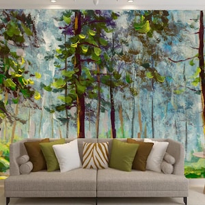 Spring Green Pine Trees Forest Wallpaper Wall Mural Home Decor