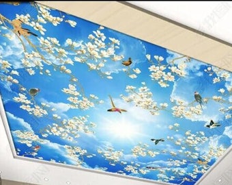 Blue Sky White Clouds Magnolia Flower Birds Ceiling Living Room Theme Hotel Wallpaper Wall Mural