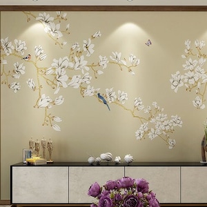 Chinoiserie Hanging Magnolia Tree Wallpaper, Vivid Bird and White Flowers Wall Murals