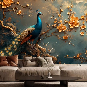 Chinoiserie Peacock Wallpaper Mural: Brushwork Flowers Branch Home Decor