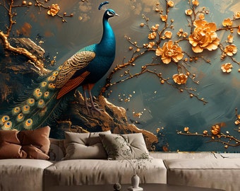 May include: A blue and green peacock with a gold and green tail feathers stands on a gold and brown rock. The peacock is surrounded by gold branches with gold flowers. The background is a dark blue and green color.
