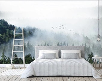 Custom Wallpaper Home Decorative Mural Pine Trees Flying Birds | Etsy