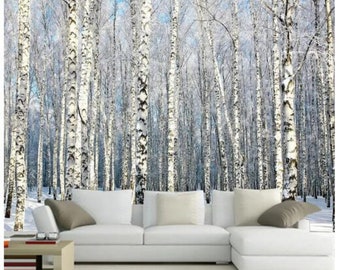 Winter Birch Forest Wallpaper Mural: Living Room Wall Decor