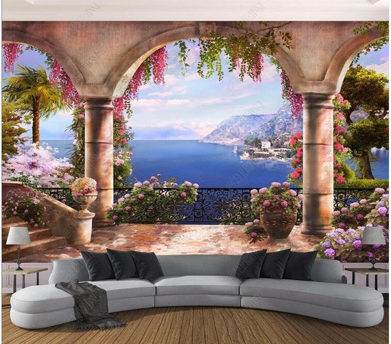 Custom 3D Photo Wallpaper Garden Balcony Sea View 3D Wall Painting