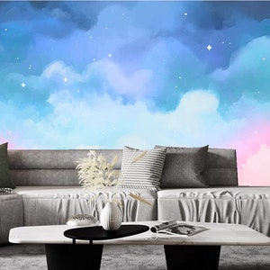 Watercolor Sky Cloud Wallpaper Mural: Pastel Blue Nature Wall Decor