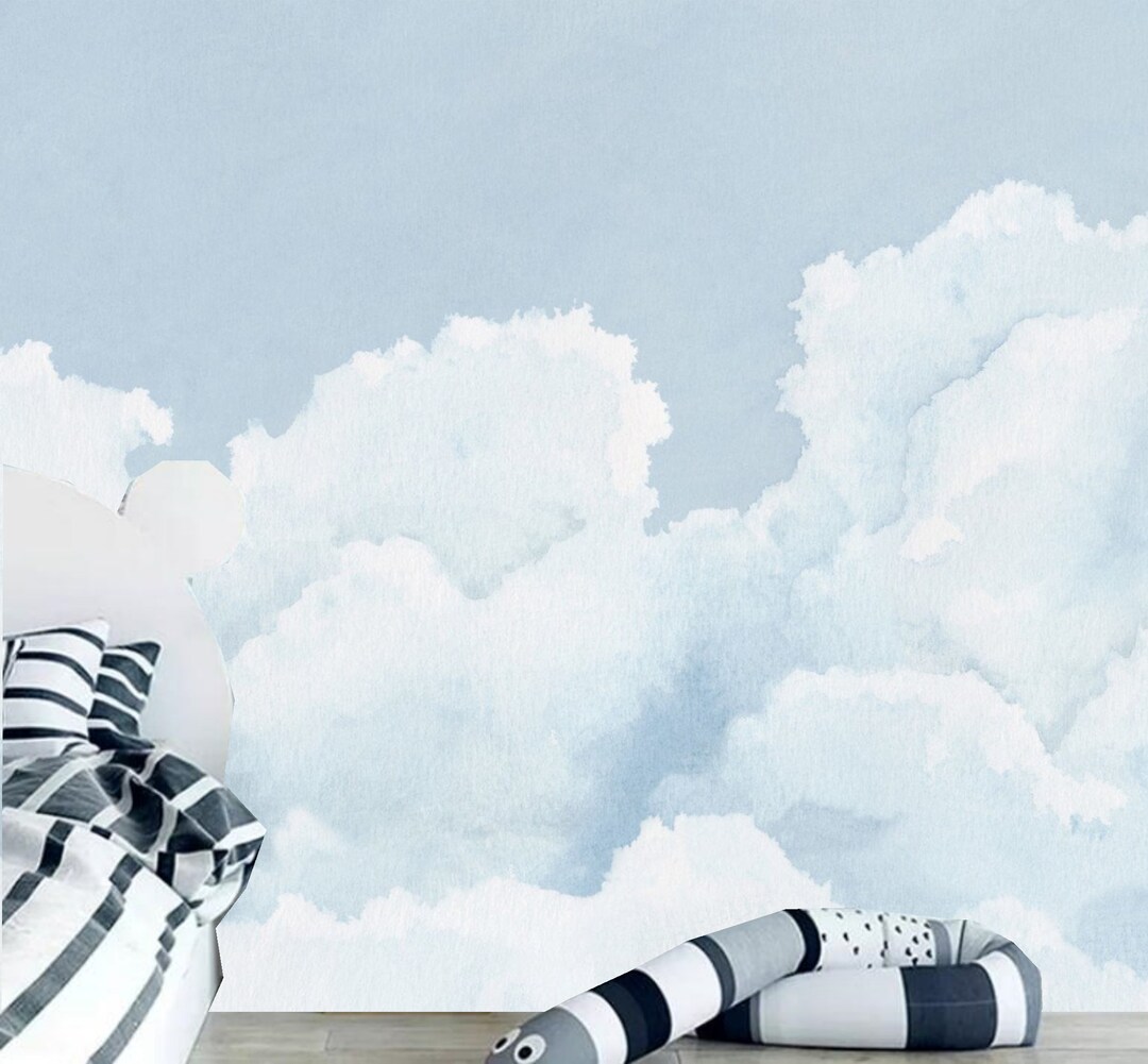 Sky Blue Clouds Wallpaper Mural - Kids Nursery Decor - Etsy