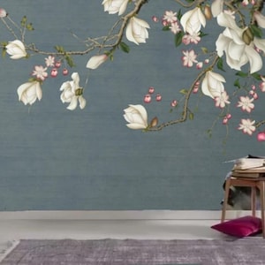 Chinoiserie Hanging Magnolia Blossom with Vivid Flying Birds Wallpaper Wall Mural Home Decor for Living Room Bedroom DInning Room