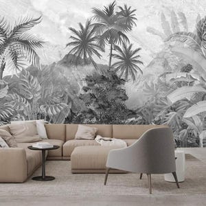 Black and White Tropical Forest Wallpaper Mural: Mountain Palm Tree Landscape