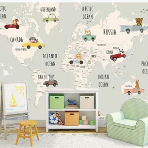 Papier peint de pépinière de carte du monde de bande dessinée de safari, animaux de bande dessinée de carte du monde et peintures murales de chambre d'enfants de chambre de bébé