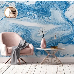 Abstract Blue Colors Marble Wallpaper, Hand Painted Abstract Marble Wall Murals Wall Decor for Living or Dinning Room