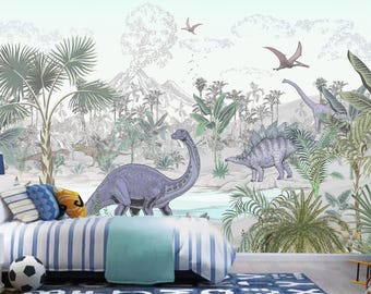 Cartoon Dinosaur Jungle Wallpaper Mural: Kids&#39; Nursery Decor