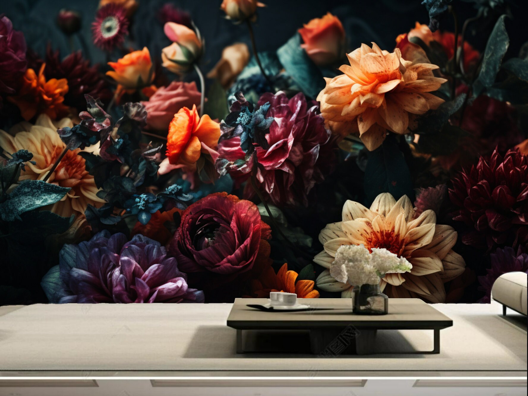 Dark Floral Wallpaper Mural: Rose Flower Wall Decor - Etsy