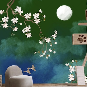 Chinoiserie Brushwork Hanging Magnolia Branch with Flying Birds Wallpaper Wall Mural Home Decor