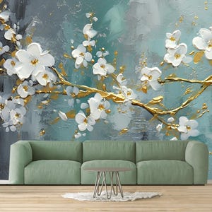Chinoiserie Brushwork Branches Magnolia Fowers Golden Brushstrokes Wallpaper Wall Mural Home Decor