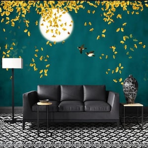 Chinoiserie Ginkgo Wallpaper: Handpainted Birds & Moon Wall Mural