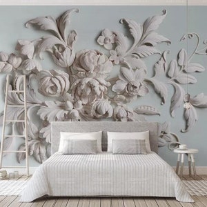 3D European Embossed White Flower Rose Wallpaper, Hand Painted Big Flower Rose Wall Murals Wall Decor for Living or Dinning Room