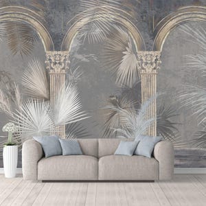 Drawn Tropical, Exotic Plants and Leaves among the Columns Wallpaper Wall Mural Home Decor