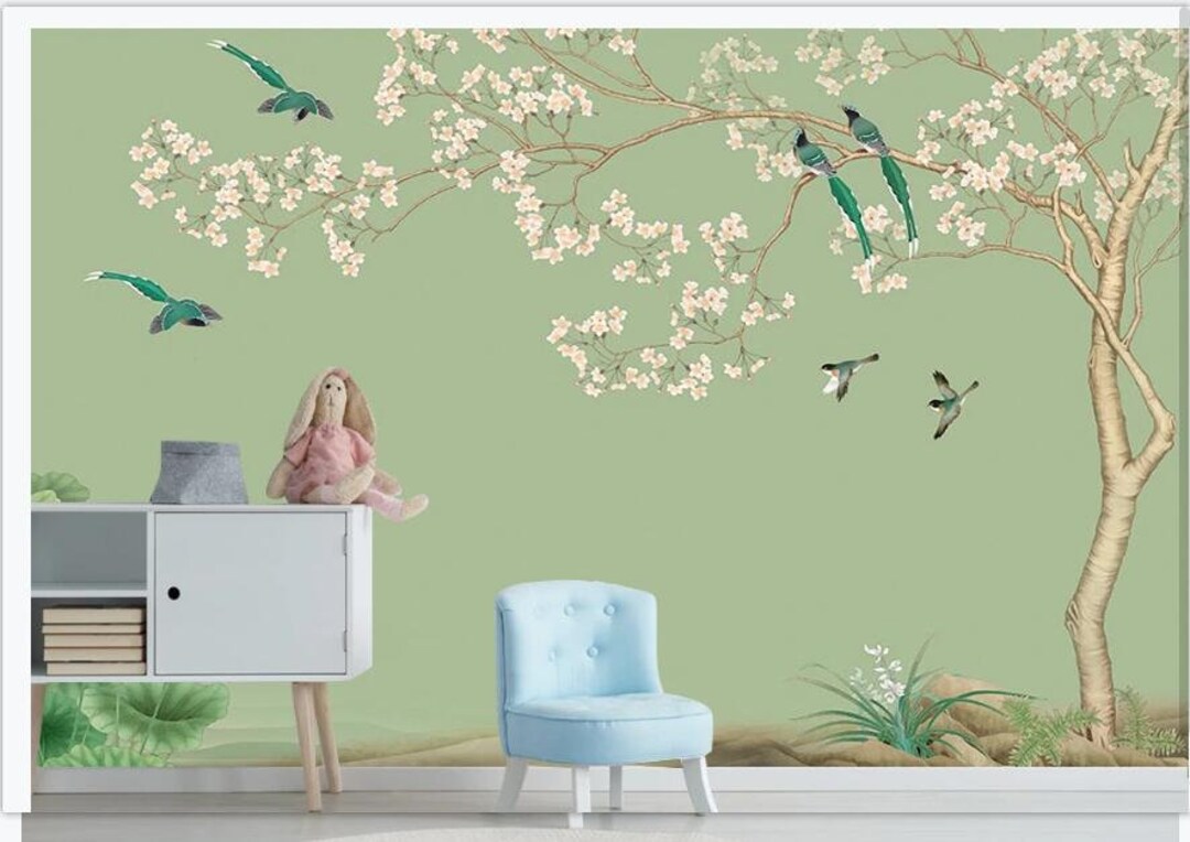 Chinoiserie Cherry Tree Wallpaper, Flying Birds Home Decor Wall Murals ...