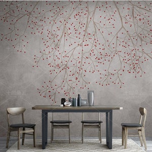 Chinoiserie Brushwork Hanging Pink Cherry Blossom Flower Bud Wallpaper Wall Mural Home Decor for Living Room Bedroom or Dinning Room