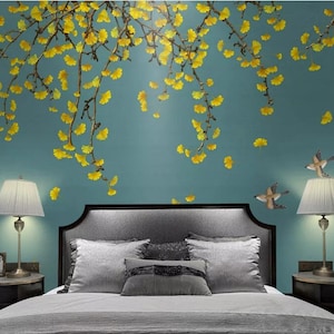 Chinoiserie Ginkgo Tree Wallpaper: Flying Birds Wall Mural