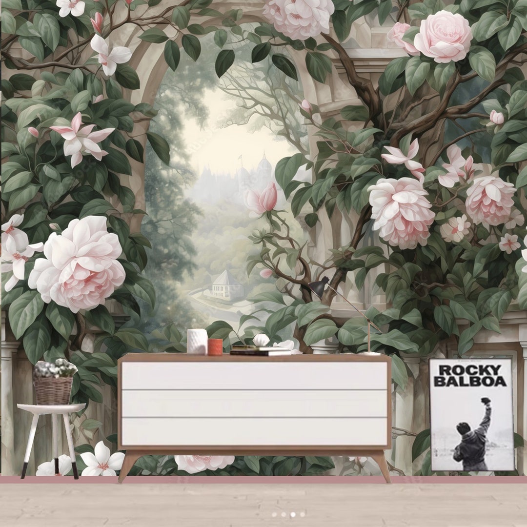 Pink Rose Arch Wallpaper Mural: Floral Wall Decor - Etsy