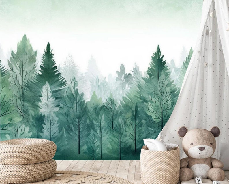 Watercolor Trees Forest Nursery Kids Babie's Children's Room Wallpaper ...