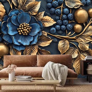 Carta da parati murale 3D con fiori blu e foglie dorate, decorazione per la casa