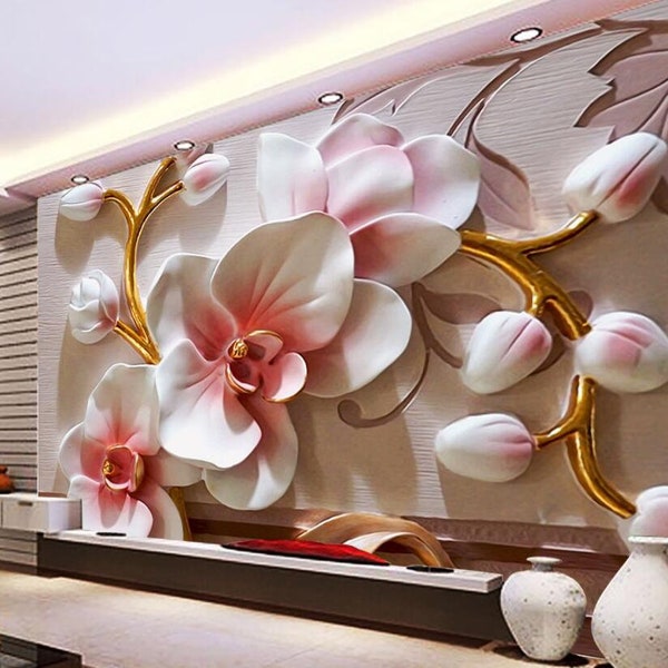 3D papier peint peintures murales personnalisé salon chambre décor à la maison 3D papillon orchidée Relief Floral décoratif peinture peintures murales