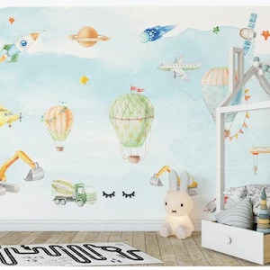 Acuarela Dibujos animados Avión y nave espacial Papel tapiz de guardería, colorido globo aerostático y excavadora y camión Habitación para bebés Murales de pared para habitaciones de niños