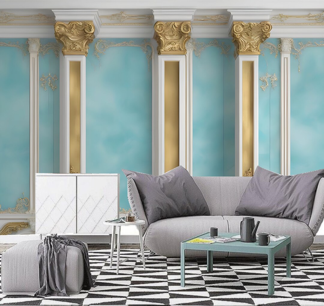 Blue & Gold Column Wallpaper Mural: Living Room Wall Decor - Etsy