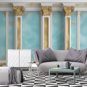 Blue & Gold Column Wallpaper Mural: Living Room Wall Decor