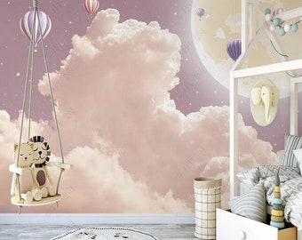 Cartoon Clouds and Stars Nursery Wallpaper, Flying Seagulls and Hot-air Balloon Babies' Room Kids' Room Wall Murals Wall Decor