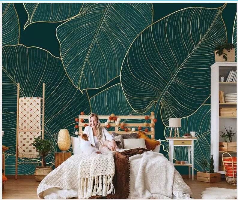 Dark Green Leaf Simple Leaves Wallpaper Wall Mural Home Decor Etsy