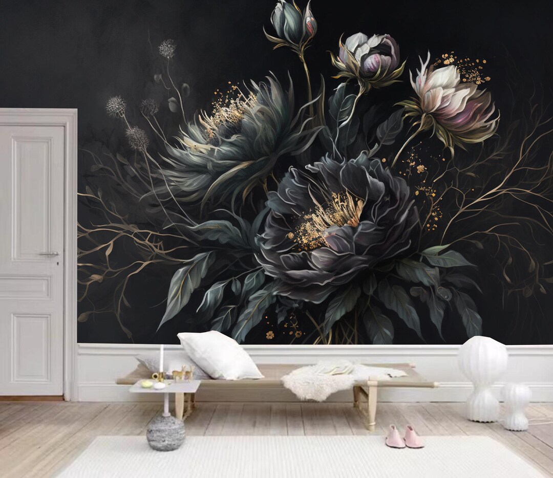 Dark Floral Peony Wallpaper Mural: Black & Pink Botanical Wall Decor - Etsy