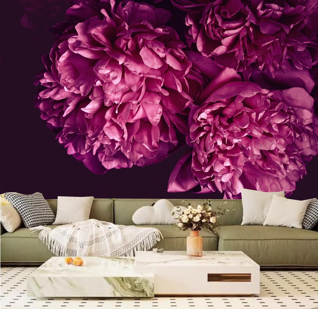 Pink Peony Floral Wallpaper Mural: Dark Background Home Decor - Etsy
