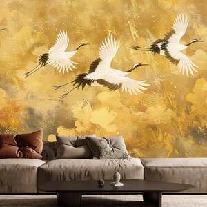 Chinoiserie Brushwork Golden Clouds with Flying Cranes Wallpaper Wall Mural Home Decor for Living Room Bedroom or Dinning Room
