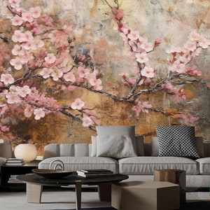 Chinoiserie Spring Hanging Pink Cherry Blossom Flowers Floral Wallpaper ...