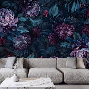 Dark Background Flowers Peony Floral Wallpaper Wall Mural Home Decor