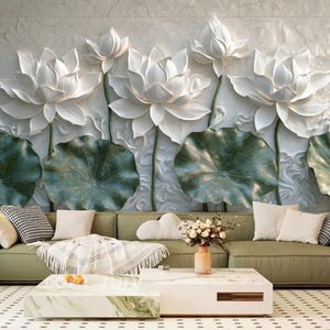 3D White Lotus Flowers Floral Wallpaper Wall Mural Home Decor
