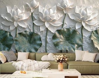 3D weiße Lotusblumen Blumentapete Wandbild Wohnkultur