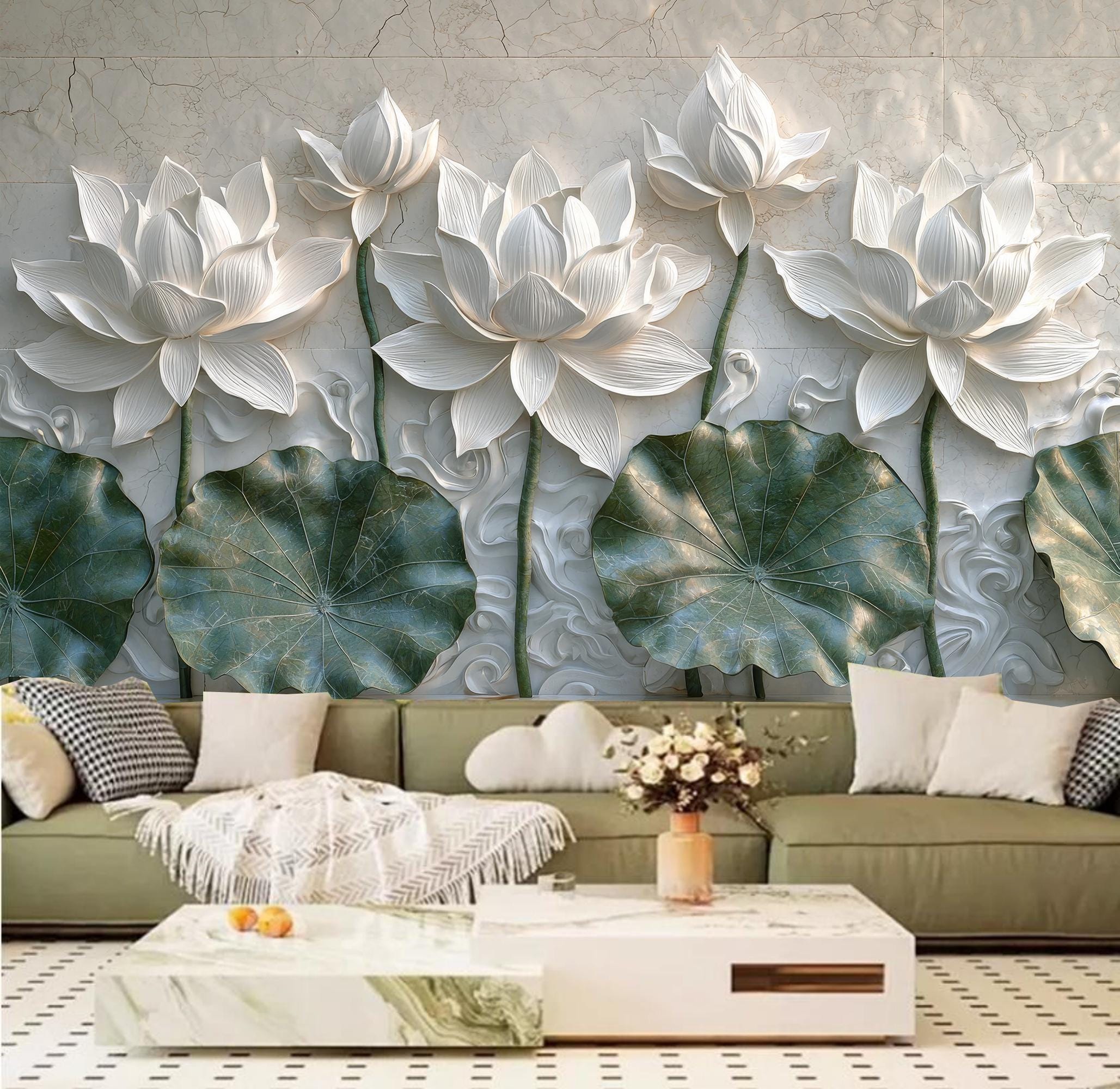 LT3608 Plante de lotus verte 3D Décoration murale en vinyle pour décoration d'escalier Papier peint