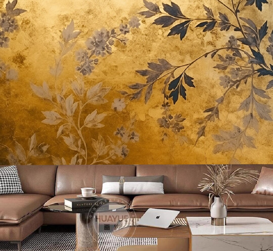 Gold Leaf Floral Wallpaper Mural: Tropical Plant Wall Decor - Etsy
