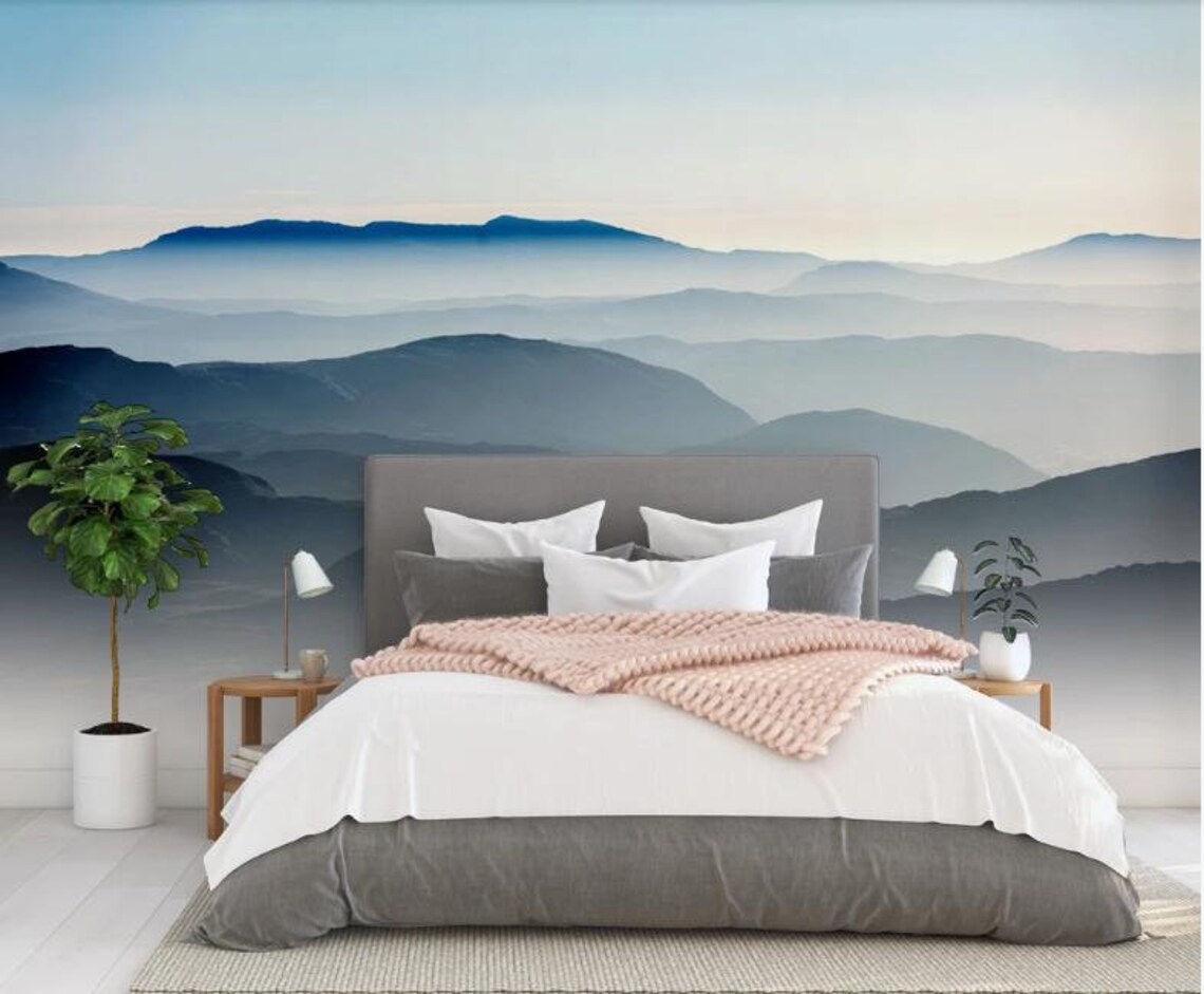 Ombre Mountains Mural Wallpaper Geometry Mountain Landscape Etsy