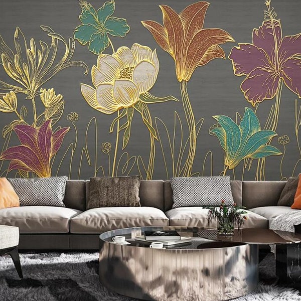 Luxury Enchased Gold Flowers Floral Wallpaper Wall Mural, Colorful Gold Flowers Bedroom Living Room Wall Mural Wall Decor
