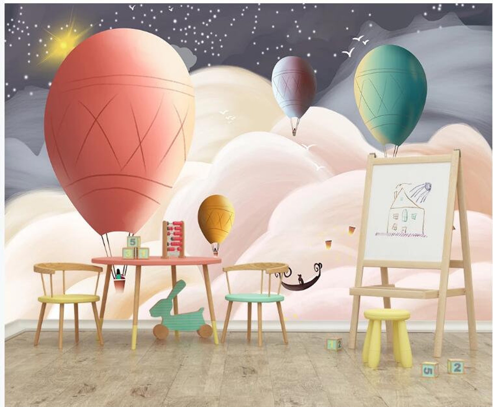 Handpainted Colorful Hot-air Balloon Nursery Wallpaper Pink | Etsy