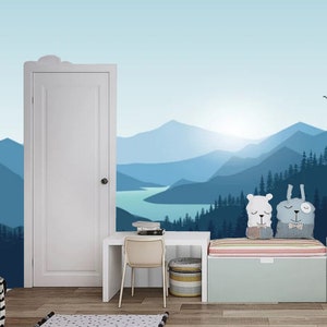 Blue Ombre Mountain Mural: Forest Landscape Wallpaper
