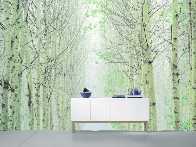 Mint Green Birch Tree Forest Wallpaper Mural: Abstract Home Decor - Etsy